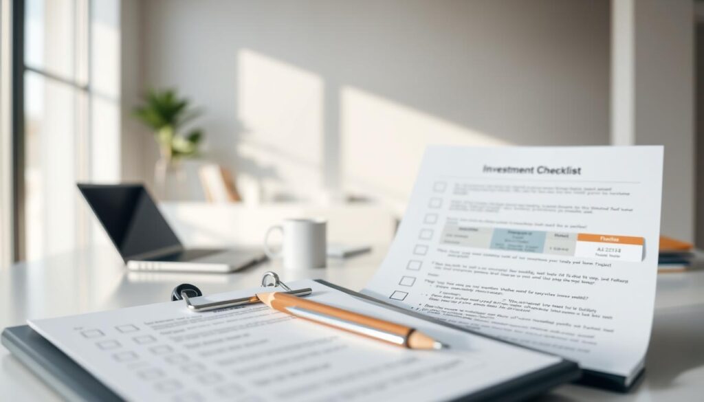 Detailed investment checklist for beginner investors, set against a clean, professional backdrop. In the foreground, a sleek clipboard with neatly organized pages, a sharp pencil, and a thoughtful expression. In the middle ground, a minimalist desk with a laptop, coffee mug, and office supplies, bathed in soft, directional lighting. The background is a serene, blurred office scene, conveying a sense of focus and productivity. The overall mood is one of diligence, clarity, and a structured approach to smart investing decisions.