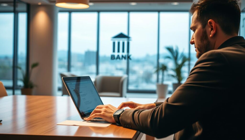 Detailed scene of a person applying for a credit card in Bulgaria. In the foreground, a male customer sits at a desk, filling out a credit card application form on a laptop. Warm lighting illuminates the scene, creating a professional yet inviting atmosphere. The middle ground features a bank logo or branding, conveying the financial institution. In the background, a modern office interior with minimalist decor and large windows overlooking a cityscape. The overall mood is one of efficiency, diligence, and the seamless process of obtaining a free credit card in Bulgaria. Detailed scene of a person applying for a credit card in Bulgaria. In the foreground, a male customer sits at a desk, filling out a credit card application form on a laptop. Warm lighting illuminates the scene, creating a professional yet inviting atmosphere. The middle ground features a bank logo or branding, conveying the financial institution. In the background, a modern office interior with minimalist decor and large windows overlooking a cityscape. The overall mood is one of efficiency, diligence, and the seamless process of obtaining a free credit card in Bulgaria.