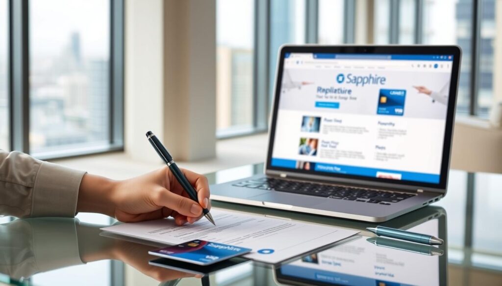 Detailed step-by-step guide to applying for the Chase Sapphire credit card. In the foreground, a person's hands filling out an application form on a sleek glass desk, a Chase Sapphire card and pen nearby. In the middle ground, a laptop displaying the Chase Sapphire website, showcasing the card's benefits and features. The background depicts a modern, minimalist office space with large windows overlooking a cityscape. Soft, natural lighting illuminates the scene, creating a professional and aspirational atmosphere. The overall composition emphasizes the streamlined application process and the prestige associated with the Chase Sapphire brand. Detailed step-by-step guide to applying for the Chase Sapphire credit card. In the foreground, a person's hands filling out an application form on a sleek glass desk, a Chase Sapphire card and pen nearby. In the middle ground, a laptop displaying the Chase Sapphire website, showcasing the card's benefits and features. The background depicts a modern, minimalist office space with large windows overlooking a cityscape. Soft, natural lighting illuminates the scene, creating a professional and aspirational atmosphere. The overall composition emphasizes the streamlined application process and the prestige associated with the Chase Sapphire brand.
