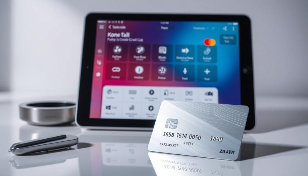 Elegant digital tools for credit card management, displayed in a sleek and modern arrangement. A tablet or smartphone screen showcases a stylish mobile banking app interface, with intuitive controls for tracking expenses, paying bills, and managing transactions. In the foreground, a metal credit card casts a subtle reflection, emphasizing the seamless integration of physical and digital elements. The background features a clean, minimalist setting with muted tones, highlighting the simplicity and efficiency of these cutting-edge financial tools. Elegant digital tools for credit card management, displayed in a sleek and modern arrangement. A tablet or smartphone screen showcases a stylish mobile banking app interface, with intuitive controls for tracking expenses, paying bills, and managing transactions. In the foreground, a metal credit card casts a subtle reflection, emphasizing the seamless integration of physical and digital elements. The background features a clean, minimalist setting with muted tones, highlighting the simplicity and efficiency of these cutting-edge financial tools.