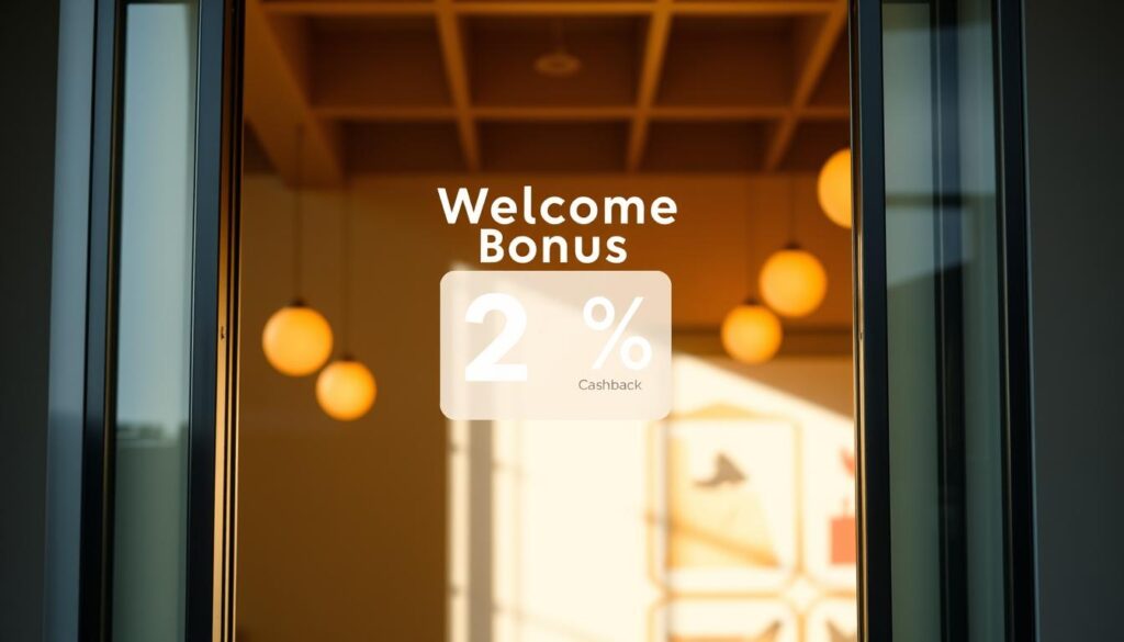 Elegant glass window, illuminated by warm natural light, showcasing a stylized "Welcome Bonus" design in the center. The composition features a clean, modern aesthetic with a minimalist layout. The foreground highlights the premium 2% cashback value proposition of the Wells Fargo Active Cash card, while the background subtly incorporates the brand's signature colors and visual motifs. The overall mood is one of sophistication, simplicity, and financial empowerment, reflecting the rewards and benefits beyond the base 2% cashback offered by this product.