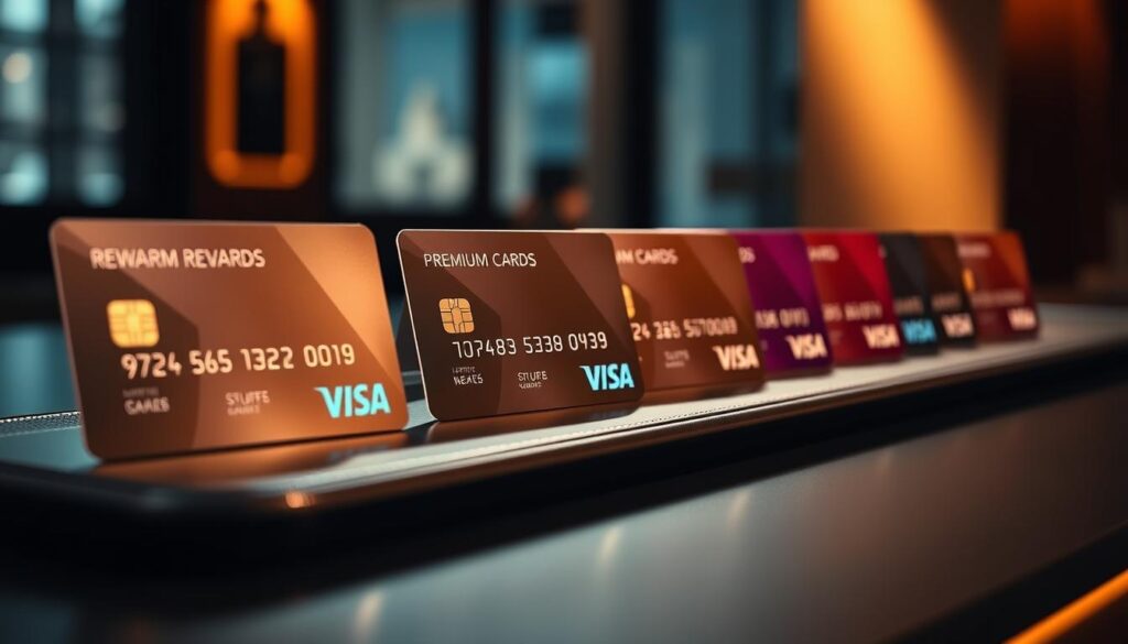 Elegant rewards credit cards displayed in a stylish, high-end setting. A row of premium cards with metallic finishes and distinctive designs sit atop a sleek, dark-colored surface, bathed in warm, directional lighting that casts subtle shadows. The cards are arranged in an eye-catching, symmetrical pattern, conveying a sense of sophistication and exclusivity. The background is softly blurred, keeping the focus on the cards and their luxurious, desirable qualities. The overall mood is one of refined elegance and the allure of premium financial products.
