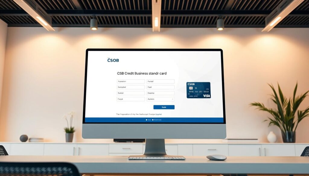 Elegant web page layout showcasing an online application form for the ČSOB Credit Business Standard card. The form is displayed on a large desktop monitor, set against a clean, modern office backdrop with minimal decor. Warm lighting from overhead fixtures casts a soft, inviting glow. The form features clean typography, intuitive fields, and a prominent ČSOB logo, conveying professionalism and ease of use. The overall scene exudes a sense of productivity and efficiency, reflecting the streamlined application process. Elegant web page layout showcasing an online application form for the ČSOB Credit Business Standard card. The form is displayed on a large desktop monitor, set against a clean, modern office backdrop with minimal decor. Warm lighting from overhead fixtures casts a soft, inviting glow. The form features clean typography, intuitive fields, and a prominent ČSOB logo, conveying professionalism and ease of use. The overall scene exudes a sense of productivity and efficiency, reflecting the streamlined application process.