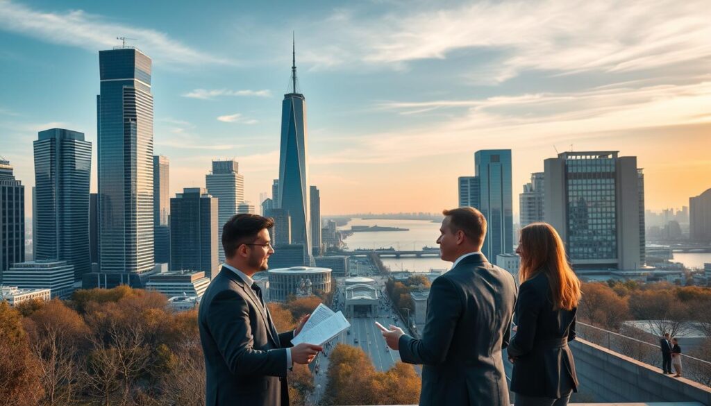 Investor confidence, a serene landscape showcasing a modern cityscape with towering skyscrapers and sleek high-rise buildings. The foreground features a group of professional investors discussing financial reports, their expressions conveying a sense of trust and optimism. The middle ground depicts bustling streets lined with pedestrians, representing economic activity. In the background, a glistening river reflects the skyline, creating a sense of balance and stability. The lighting is soft and warm, creating a welcoming atmosphere. The overall composition emphasizes the interconnectedness of credit ratings, economic investments, and investor confidence.