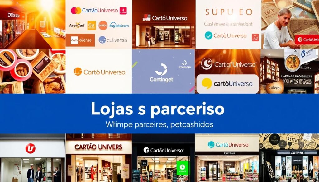 Lojas parceiras Cartão Universo: A vibrant collage showcasing a diverse array of retail storefronts and logos, bathed in warm, golden lighting. The scene captures the welcoming atmosphere of a bustling commercial district, with a focus on the distinct branding and visual identity of the Cartão Universo partner businesses. The composition arranges the various shop fronts in a visually engaging layout, creating a sense of dynamism and consumer choice. The overall image conveys the idea of a comprehensive network of retail partnerships, offering a wide range of shopping and cashback opportunities for Cartão Universo cardholders.