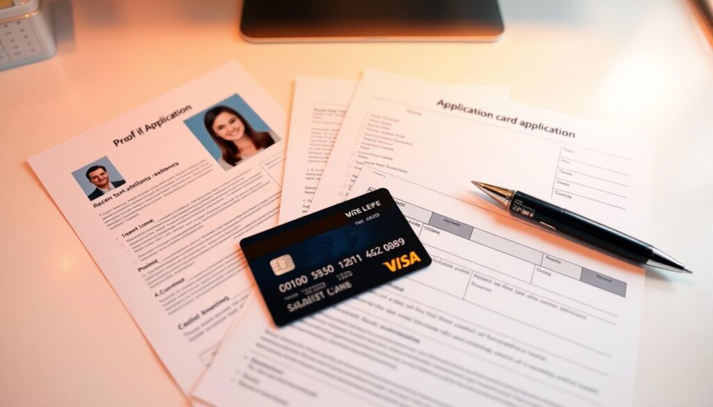 Neatly arranged documents for a credit card application, including a photo ID, recent bank statements, proof of income, and a completed application form. The documents are displayed on a clean, minimalist desk with warm, soft lighting illuminating the scene. The composition is balanced and visually appealing, with a sense of organization and professionalism conveyed. The overall mood is one of diligence and preparedness, reflecting the care and attention required for a successful credit card application process.