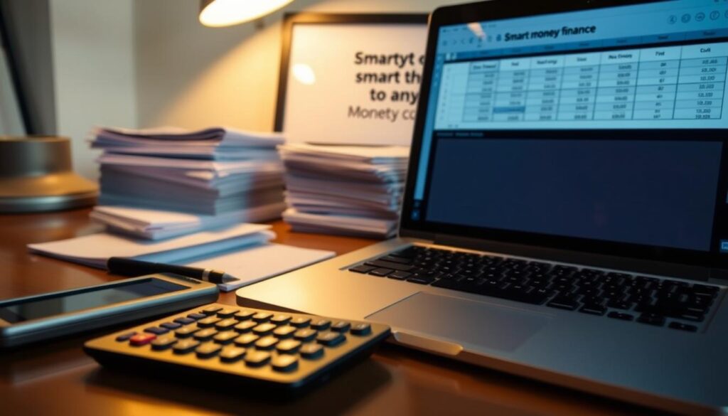 Organized personal finance optimization: A tidy desktop with a calculator, pen, and spreadsheet open on a laptop, illuminated by warm overhead lighting. In the background, a neatly stacked pile of financial documents and a framed motivational quote about smart money management. The scene conveys a sense of control, efficiency, and a thoughtful approach to optimizing one's personal finances.