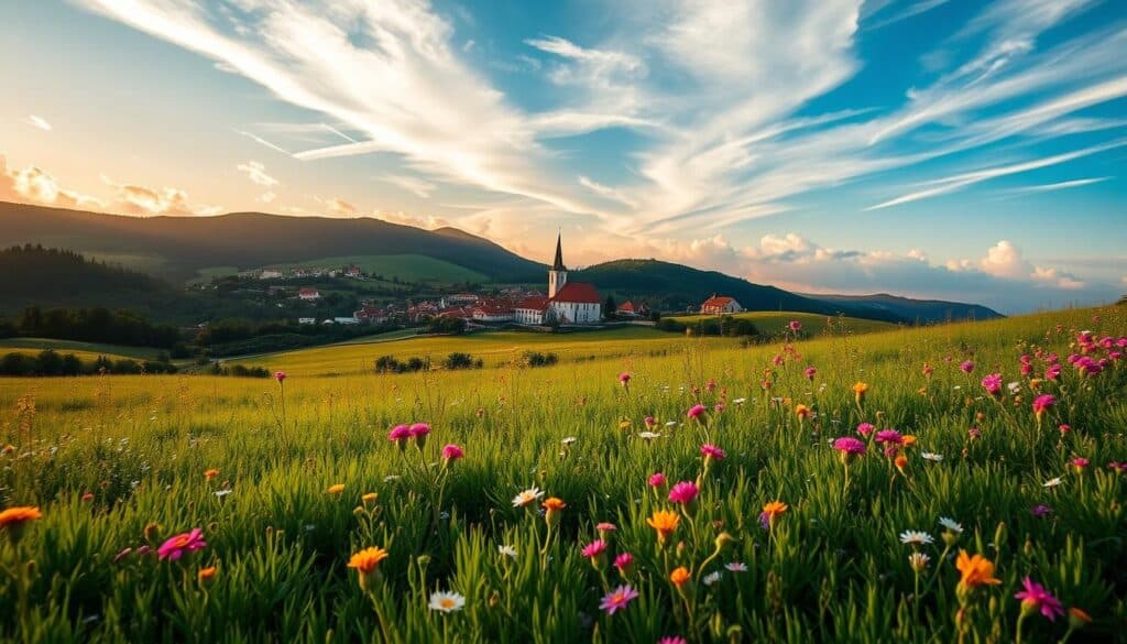 Pasivni prihodi Hrvatska: a serene landscape showcasing the path to financial independence in Croatia. A lush, verdant meadow stretches out, dotted with blooming wildflowers in vibrant hues. In the distance, a picturesque village nestled among rolling hills, its quaint houses and church steeple reflecting the tranquility of the scene. Warm, golden sunlight filters through wispy clouds, casting a soft, ethereal glow over the entire composition. A sense of peace and prosperity permeates the image, inviting the viewer to imagine a life of passive income and financial security amidst the natural beauty of the Croatian countryside.