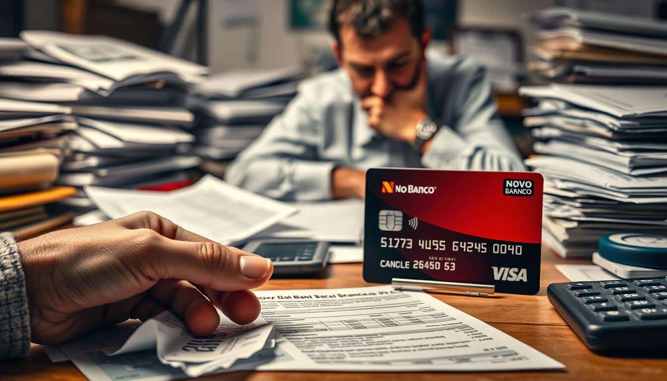 Prompt A cluttered desk with various financial documents, bank statements, and a credit card with the Novo Banco Branco logo prominently displayed. The foreground shows a hand making a mistake while trying to enter credit card details, with crumpled receipts and a calculator nearby. The middle ground depicts a frustrated person furrowing their brow, surrounded by stacks of paperwork. The background is slightly blurred, suggesting a sense of chaos and confusion. The lighting is warm, creating a sense of unease and frustration. The overall mood is one of financial stress and the need for caution when using the Novo Banco Branco cashback card.