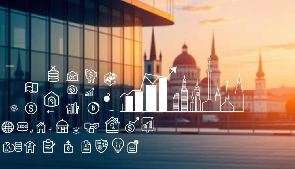 Prompt A modern, sleek financial institution set against a backdrop of the Latvian cityscape. In the foreground, an array of pension fund icons and symbols, each representing the diverse options available to Latvian citizens. The middle ground showcases a stylized visualization of pension fund growth and stability, depicted through dynamic charts and graphs. The background features the iconic Latvian landmarks, bathed in warm, golden light, symbolizing the country's commitment to secure financial futures. The overall composition conveys a sense of trust, reliability, and the promise of a stable retirement. Prompt A modern, sleek financial institution set against a backdrop of the Latvian cityscape. In the foreground, an array of pension fund icons and symbols, each representing the diverse options available to Latvian citizens. The middle ground showcases a stylized visualization of pension fund growth and stability, depicted through dynamic charts and graphs. The background features the iconic Latvian landmarks, bathed in warm, golden light, symbolizing the country's commitment to secure financial futures. The overall composition conveys a sense of trust, reliability, and the promise of a stable retirement.