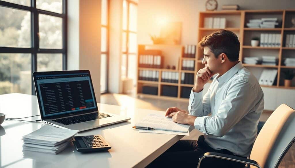 Prompt A pristine office interior, flooded with warm, natural light streaming through large windows. On the desk, a laptop displays financial calculations, alongside stacks of documents and a calculator. In the foreground, a person sits thoughtfully, examining loan statements and considering debt management strategies. Shelves in the background hold financial books and folders, conveying a sense of expertise and diligence. The scene evokes a calm, professional atmosphere, inviting the viewer to engage with the nuances of responsible debt refinancing.