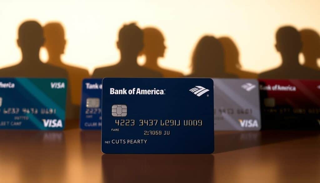 Prompt A side-by-side comparison of credit cards, showcasing the Bank of America Customized Cash card prominently in the foreground. The card is displayed in high detail, its sleek design and customizable cashback categories clearly visible. In the background, shadowy silhouettes of competitor cards create a sense of contrast, emphasizing the unique features of the Customized Cash card. The scene is illuminated by warm, directional lighting, casting subtle shadows and highlights to enhance the visual interest. The overall composition is balanced, with a clean, minimalist aesthetic that draws the viewer's attention to the key details of the featured product.
