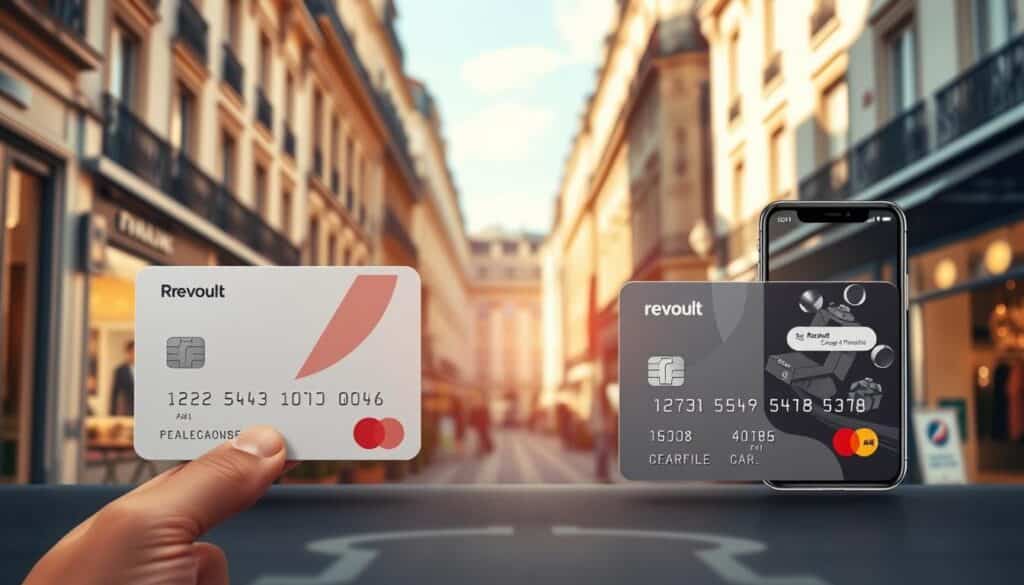 Revolut vs banque française: a side-by-side comparison, captured in a realistic digital illustration. The foreground features the minimalist Revolut debit card and a traditional French bank card, their designs contrasting yet complementary. In the middle ground, sleek banking app interfaces showcase the digital experience. The background depicts a chic Parisian street scene, with cafes and shops hinting at the cultural context. Warm natural lighting filters through, creating a sophisticated ambiance. The composition emphasizes the juxtaposition of old and new, traditional and modern, to reflect the evolving financial landscape in France.