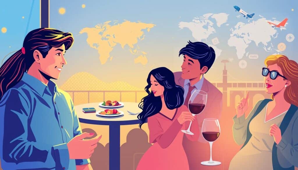 Vibrant digital illustrations depicting four Chase Sapphire cardholders sharing their experiences. In the foreground, a young professional couple discussing their recent luxury hotel stay, accented by shimmering gold and blue hues. In the middle ground, a family enjoying a dining experience, with plates of gourmet cuisine and glasses of fine wine. In the background, a solo traveler excitedly recounting their international business class flight, surrounded by stylized world maps and airport signage. Soft, warm lighting casts a refined, aspirational atmosphere, showcasing the premium benefits of the Chase Sapphire card. Vibrant digital illustrations depicting four Chase Sapphire cardholders sharing their experiences. In the foreground, a young professional couple discussing their recent luxury hotel stay, accented by shimmering gold and blue hues. In the middle ground, a family enjoying a dining experience, with plates of gourmet cuisine and glasses of fine wine. In the background, a solo traveler excitedly recounting their international business class flight, surrounded by stylized world maps and airport signage. Soft, warm lighting casts a refined, aspirational atmosphere, showcasing the premium benefits of the Chase Sapphire card.