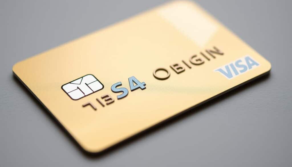 a detailed close-up view of a Visa Origin credit card, with a glossy, metallic finish in a metallic silver or gold color, showcasing the intricate design and logo of the card. The card is placed on a clean, neutral background, evenly lit from the side to accentuate the depth and texture of the material. The image should convey a sense of quality, luxury, and financial security associated with the Visa Origin card, reflecting the "Avantages financiers et assurances incluses" section of the article. a detailed close-up view of a Visa Origin credit card, with a glossy, metallic finish in a metallic silver or gold color, showcasing the intricate design and logo of the card. The card is placed on a clean, neutral background, evenly lit from the side to accentuate the depth and texture of the material. The image should convey a sense of quality, luxury, and financial security associated with the Visa Origin card, reflecting the "Avantages financiers et assurances incluses" section of the article.