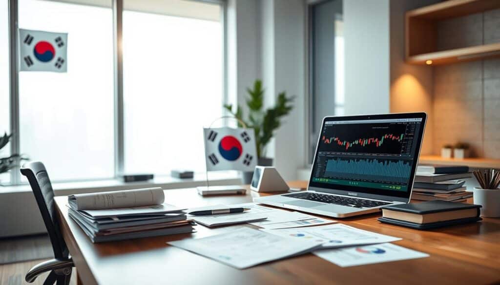a high-quality, photorealistic image of a well-lit office desk with various financial documents, stock charts, and a laptop displaying a stock trading platform. The desk is situated in a modern, minimalist workspace with large windows allowing natural light to stream in, creating a bright and productive atmosphere. Subtle hints of the Korean flag or other Korean cultural elements are present, suggesting the context of the scene. The overall composition conveys the thoughtful, analytical nature of stock investment strategies and the potential for financial success.