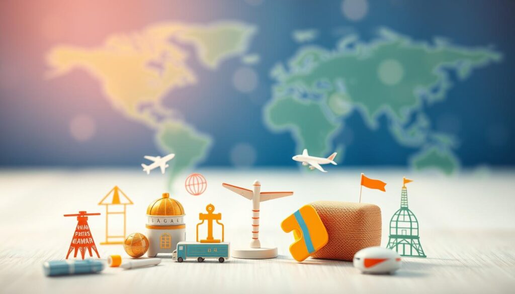 a high-quality, photorealistic image of travel insurance coverage features, showcasing travel-related icons and symbols in the foreground, middle ground, and background. The image should have a clean, modern design aesthetic with a vibrant color palette, soft lighting, and a shallow depth of field to draw the viewer's attention to the key elements. The overall composition should convey a sense of security, protection, and the benefits of having comprehensive travel insurance. The image should be free of any text or distracting elements, allowing the visual representation to effectively illustrate the "สิทธิประโยชน์จากประกันและบริการเสริม" section of the article.