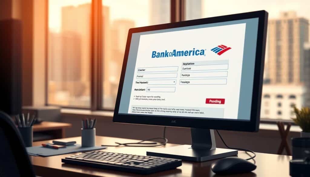 a high-resolution digital illustration of a pending application for Bank of America. The foreground depicts a desktop computer screen displaying the Bank of America logo and an application form with fields for personal information, financial details, and a prominent "Pending" status indicator. The middle ground shows a desk with a keyboard, mouse, and office supplies, conveying a professional work environment. The background features a soft, blurred cityscape out of a window, suggesting a modern office setting. The overall mood is one of uncertainty and concern, as the pending application represents a critical financial decision. Subtle warm lighting and a subtle depth of field create a sense of depth and realism. a high-resolution digital illustration of a pending application for Bank of America. The foreground depicts a desktop computer screen displaying the Bank of America logo and an application form with fields for personal information, financial details, and a prominent "Pending" status indicator. The middle ground shows a desk with a keyboard, mouse, and office supplies, conveying a professional work environment. The background features a soft, blurred cityscape out of a window, suggesting a modern office setting. The overall mood is one of uncertainty and concern, as the pending application represents a critical financial decision. Subtle warm lighting and a subtle depth of field create a sense of depth and realism.