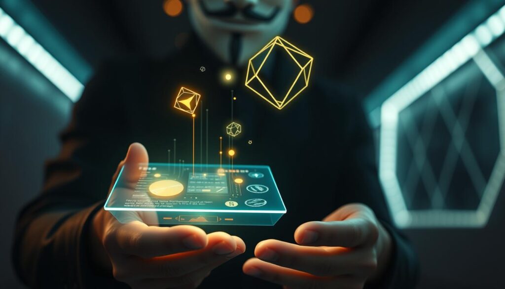 a surreal, futuristic digital payment transaction using cryptocurrency, depicted with a close-up view of a sleek, holographic user interface projected above an anonymous person's hands, with glowing digital elements and abstract geometric shapes floating in a dimly lit, minimalist environment, evocative of the security, speed, and innovation associated with crypto payments, shot with dramatic cinematic lighting and depth of field to heighten the sense of technological immersion.