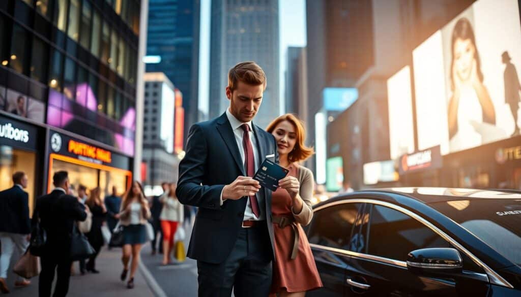 A bustling city street at dusk, with people hurrying to and fro, carrying shopping bags and briefcases. Tall skyscrapers and neon-lit storefronts fill the background, casting a warm glow across the scene. In the foreground, a well-dressed couple stands beside a high-end sedan, examining a credit card in the palm of their hand. The man is wearing a tailored suit, the woman a stylish dress, both exuding an air of sophistication. The lighting is soft and diffuse, creating a sense of elegance and affluence. The overall atmosphere conveys the experience of navigating the perks and benefits of premium travel cards in the real world.