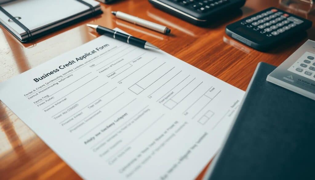 A crisp, well-lit close-up view of a professional-looking business credit card application form lying on a polished wooden desk. The form features a clean, minimalist design with clearly labeled sections for personal and business details, financial information, and signatures. The desk surface is neatly organized, with a pen, calculator, and other office supplies nearby, conveying a sense of efficiency and attention to detail. The overall mood is one of focused, businesslike formality, reflecting the serious nature of the credit application process for a corporate client.