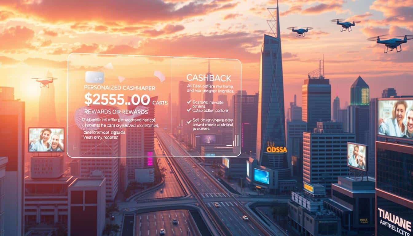 A futuristic cityscape bathed in a warm, golden glow. In the foreground, a sleek, holographic interface hovers, displaying personalized cashback offers and rewards tailored to the user's preferences. Geometric shapes and abstract patterns dance across the screen, reflecting the advanced, AI-driven technology powering this innovative reward system. In the middle ground, skyscrapers with clean, minimalist designs reach towards the sky, while autonomous vehicles glide silently along the streets. The background is a mix of neon-lit billboards, hovering drone cameras, and a vibrant, vibrant skyline that hints at the seamless integration of technology and daily life in this vision of the future.