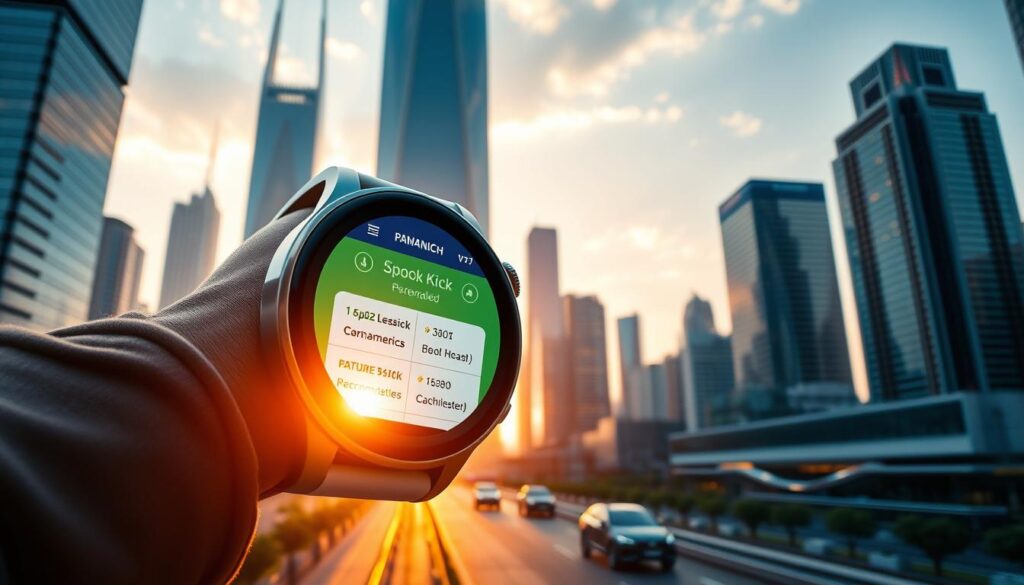 A futuristic cityscape with soaring skyscrapers and gleaming glass facades. In the foreground, a smartwatch display showcases personalized cashback offers and recommendations tailored to the user's preferences, powered by advanced AI analytics. The cityscape is bathed in a warm, vibrant glow from the setting sun, creating a sense of optimism and progress. Sleek, hover-enabled vehicles glide through the streets, hinting at the technological advancements that enable this seamless, data-driven shopping experience. The overall atmosphere conveys a vision of a technologically-enhanced future where AI-driven rewards and personalized offers are seamlessly integrated into daily life.