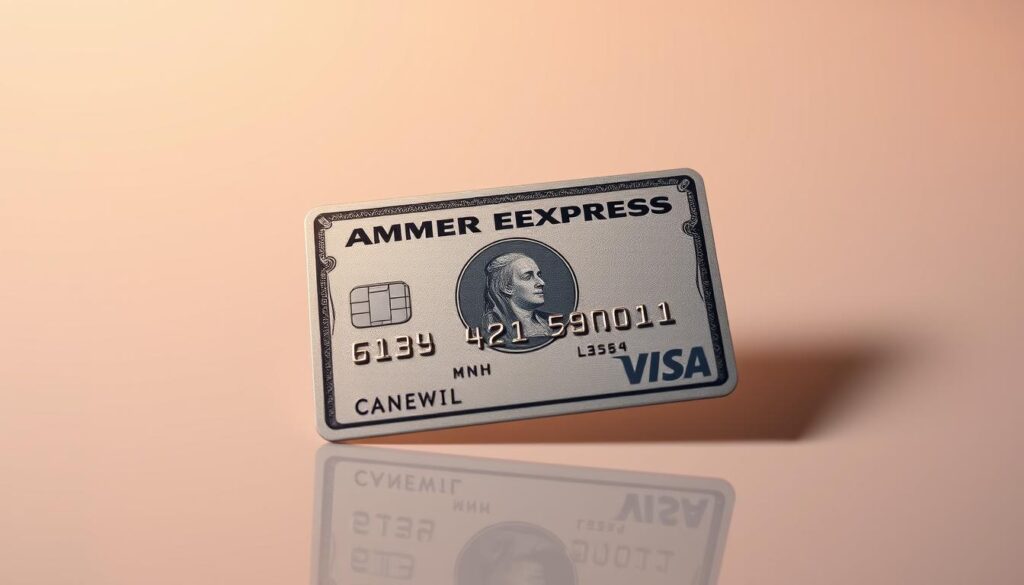 A high-resolution, detailed image of a corporate credit card, showcasing the sleek, metallic design with the Amex logo prominently displayed. The card is positioned on a clean, reflective surface, bathed in warm, directional lighting that accentuates the textures and contours. The background is a minimalist, muted tone that allows the card to be the focal point, conveying a sense of professionalism and sophistication befitting a business-focused financial product.