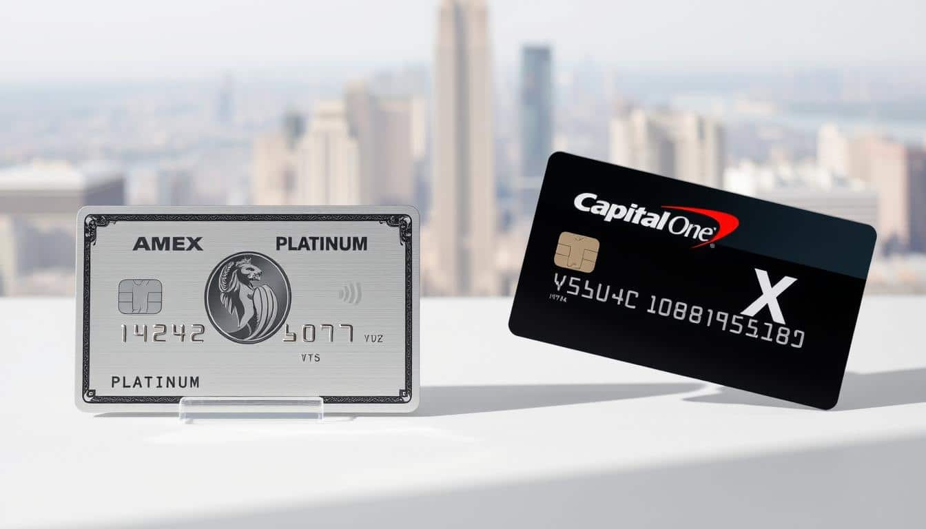 A premium credit card showdown set against a refined, minimalist backdrop. In the foreground, the sleek metal frames of the Amex Platinum and Capital One Venture X cards, their distinct logos and designs in sharp focus. Surrounding them, a soft, neutral palette of greys and whites, creating a sense of elegance and sophistication. Subtle lighting casts gentle shadows, emphasizing the cards' premium materials and craftsmanship. In the background, a blurred cityscape hints at the global travel and lifestyle benefits associated with these high-end financial products. The composition is balanced, clean, and visually striking, inviting the viewer to closely examine and compare these two leading contenders in the premium travel card market.