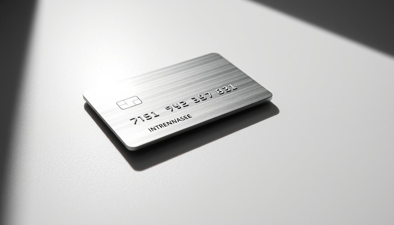 A sleek and sophisticated corporate credit card, the "Carte de Crédit d'Entreprise" commands attention. Gleaming metal surface reflects the sophisticated elegance of the design, with subtle embossed patterns adding visual interest. The card is positioned on a smooth, reflective surface, casting a sharp shadow that grounds it in the scene. Soft, directional lighting from the side creates dramatic highlights and shadows, emphasizing the card's luxurious, high-end aesthetic. The overall mood is one of prestige, exclusivity, and financial power - a premium business tool for discerning professionals. The composition is clean and minimalist, allowing the credit card to be the sole focal point.