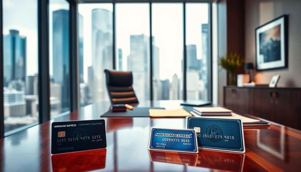 A sleek corporate office interior, with large windows overlooking a bustling cityscape. In the foreground, a polished wooden desk holds a pristine American Express corporate credit card, surrounded by neatly organized business documents and a sophisticated desktop computer setup. The lighting is warm and professional, casting a subtle glow across the scene. In the middle ground, a modern leather chair sits ready for a busy executive. The background features minimalist decor and artwork, reflecting the brand's elegant and prestigious aesthetic. The overall atmosphere conveys a sense of refined efficiency and financial empowerment for the modern enterprise.