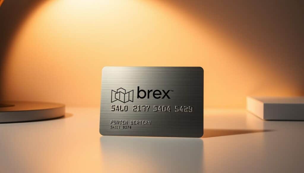 A sleek, metallic corporate credit card with the "Brex" logo prominently displayed in the center. The card is positioned on a minimalist desk, illuminated by warm, directional lighting that casts soft shadows. The background is a muted, neutral tone, allowing the card to be the focal point. The composition is carefully balanced, with the card occupying the foreground, and the desk and its surroundings providing a clean, professional context. The overall mood is one of sophistication, elegance, and the power of a high-limit corporate card designed to meet the needs of startups.
