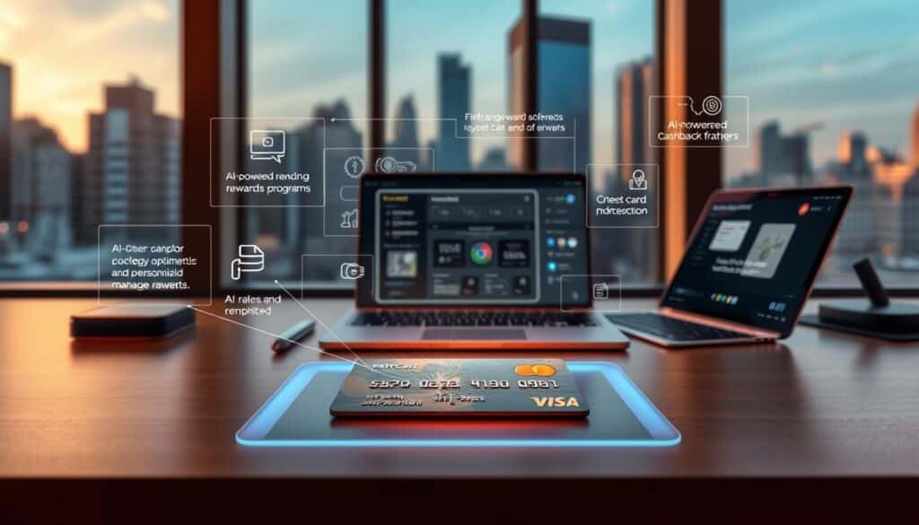 A sleek, modern desktop scene with a central focus on an elegant credit card, its shiny metallic surface reflecting the warm, directional lighting. In the foreground, a holographic display projects dynamic visualizations of credit card rewards programs, AI-powered optimization strategies, and personalized cashback offers. The middle ground features a minimalist laptop displaying a user interface with intuitive controls for managing rewards. The background showcases a cityscape through large windows, representing the connected, tech-savvy nature of the AI-powered rewards experience. The overall mood is one of sophistication, efficiency, and the seamless integration of advanced technology into personal finance.
