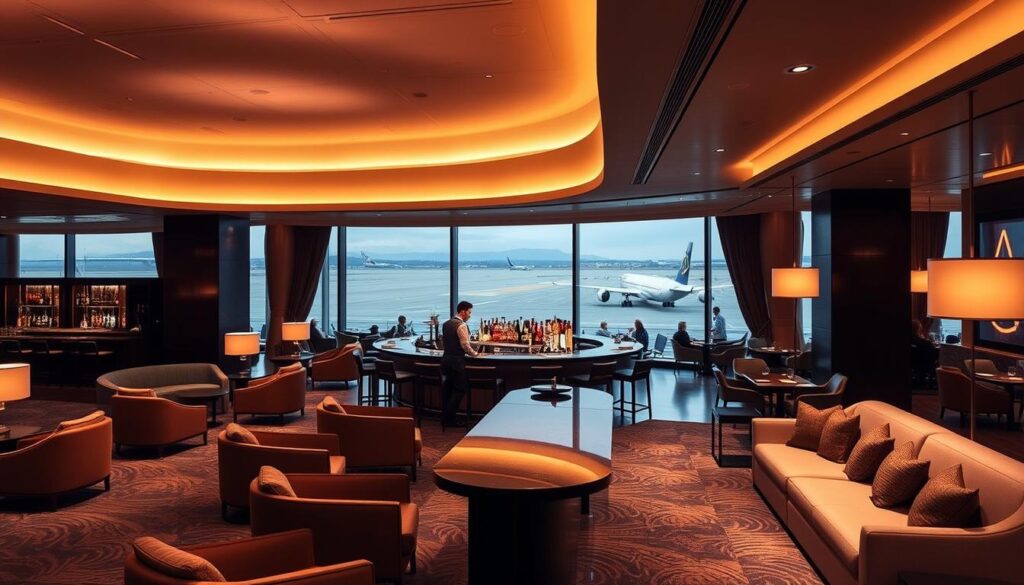 A spacious, elegantly appointed Centurion Lounge, bathed in warm, soft lighting that creates a luxurious ambiance. The lounge's plush seating areas are arranged around a central bar, where a skilled bartender crafts artisanal cocktails. In the background, a large panoramic window offers a stunning view of the bustling airport tarmac, with planes taking off and landing in the distance. The space is adorned with high-end furnishings, tasteful decor, and subtle nods to the premium travel experience. The overall atmosphere exudes a sense of exclusivity and refined sophistication, perfectly complementing the upscale travel perks and airport experience comparison highlighted in the article.