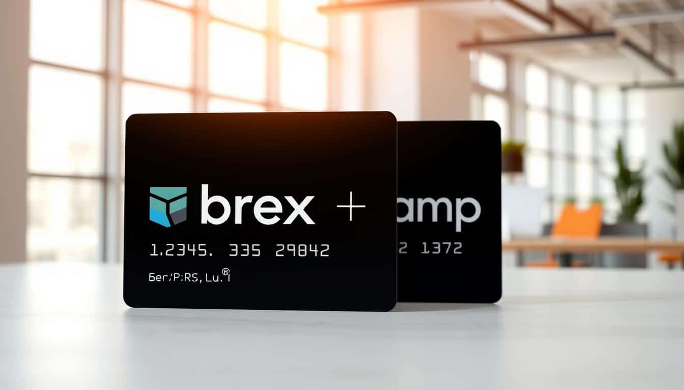 A striking corporate card design with the Brex and Ramp logos prominently displayed in the foreground. The cards are rendered in high-quality, ultra-detailed 3D, showcasing their sleek, modern aesthetic and premium materials. The background features a clean, minimalist office setting with large windows, allowing natural light to filter in and cast a warm, professional glow. The composition is balanced, with the cards taking up the majority of the frame, surrounded by subtle hints of the startup-friendly workspace. The overall tone is one of sophistication, innovation, and financial empowerment for growing businesses.