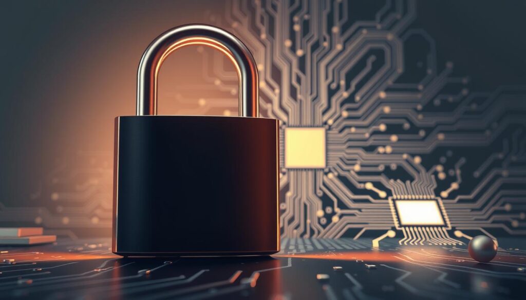 A striking digital illustration showcasing the concept of fraud protection. In the foreground, a large, secure lock made of steel and chrome dominates the frame, its surface reflecting the soft, warm lighting. In the middle ground, a series of intricate circuit boards and security chips create a complex, technological backdrop, hinting at the sophisticated infrastructure underlying the fraud protection system. The background features a muted, corporate color palette of greys and blues, conveying a sense of stability and professionalism. The overall composition conveys a strong message of security, reliability, and technological prowess, perfectly suited to illustrate the "Managing risks and compliance with corporate cards" section of the article.