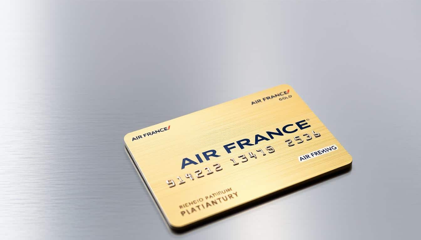 Amex Air France Gold et Platinum: A sleek and premium credit card design, featuring the iconic Air France logo prominently displayed on a brushed metal surface. The card's golden and platinum hues reflect the luxurious tiers, exuding a sense of sophistication and exclusivity. The image should be captured in a clean, well-lit studio setting, with subtle reflections and shadows to accentuate the card's materiality and design. The overall composition should convey the prestige and benefits associated with this premium travel rewards program.