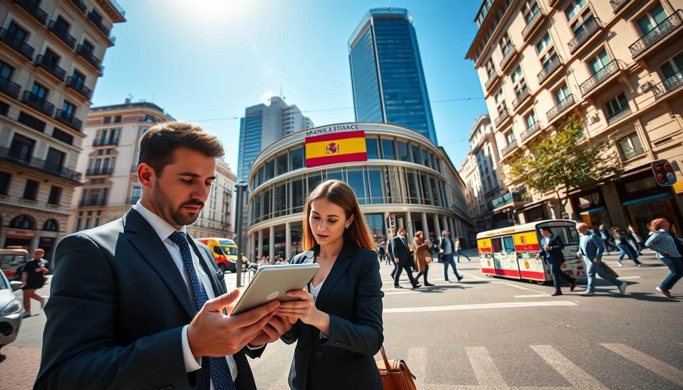 A busy financial district in Madrid, showcasing the Spanish stock market. In the foreground, a well-dressed male and female investor, both wearing professional business attire, are studying stock market graphs on a digital tablet. Their expressions reflect curiosity and determination. The middle ground features a colorful stock exchange building adorned with the Spanish flag, surrounded by modern skyscrapers. In the background, a clear blue sky enhances the uplifting atmosphere, while soft sunlight casts dynamic shadows on the pavement. The scene captures a vibrant, bustling environment, conveying a sense of opportunity and ambition in the world of investing. The angle is slightly low, providing a sense of grandeur to the financial hub.