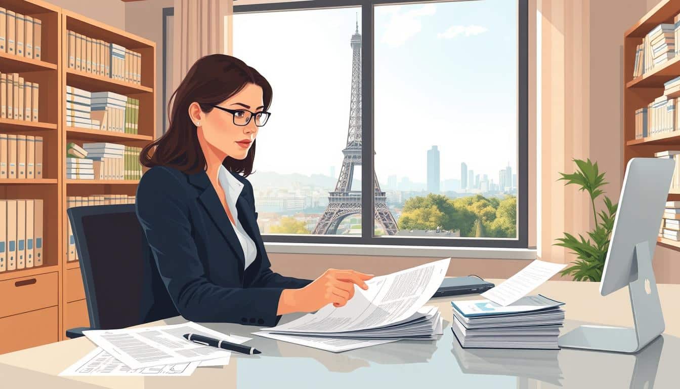 A conceptual illustration of "impôt sur le revenu" in France, featuring a professional office environment. In the foreground, a well-dressed businesswoman sits at a modern desk, reviewing financial documents and tax forms with a thoughtful expression. The middle ground includes a large window revealing a Parisian skyline with the Eiffel Tower, symbolizing France, under soft, natural daylight. The background consists of shelves filled with books about finance and tax regulations, creating an academic atmosphere. The overall mood is serious and informative, with a warm color palette that conveys a sense of professionalism and clarity. The focus is on the act of understanding income tax, avoiding any text or captions, with sharp details and a balanced composition.