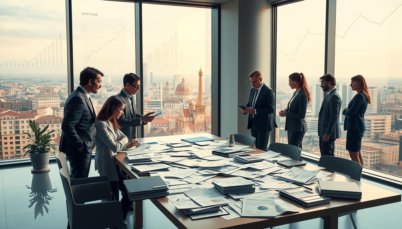 A detailed scene illustrating a modern office space that embodies the concept of mortgages and interest rates in Spain. In the foreground, a diverse group of professionals in smart business attire, engaged in a discussion around a table littered with mortgage documents and financial charts. In the middle ground, a large window reveals a panoramic view of a Spanish city skyline, with traditional architecture blended with modern buildings, representing the evolving real estate market. The background features charts and graphs displayed on digital screens, with subtle light reflecting off glass surfaces, enhancing a professional atmosphere. The lighting is bright and inviting, creating a sense of optimism. The overall mood conveys trust, ambition, and the anticipation of the future of home financing in Spain.