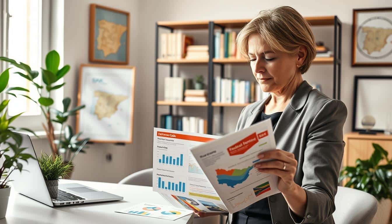 A serene office environment focused on retirement planning in Spain. In the foreground, a middle-aged woman in professional attire is attentively reviewing a colorful retirement guide, with charts and images of the Spanish coastline in the document. In the middle ground, a stylish desk with a laptop open, showing graphs related to social security and pension plans, surrounded by green plants for a calming effect. The background features a bright window with soft natural light pouring in, highlighting a bookshelf filled with financial books and a framed map of Spain. The atmosphere is optimistic and inviting, emphasizing warmth and security as people prepare for their retirement.