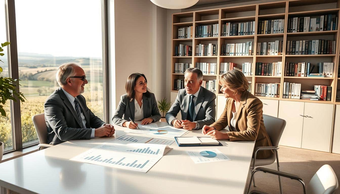 A serene office setting showcasing the theme of retirement and savings in France. In the foreground, a diverse group of three professionals dressed in smart business attire discusses retirement plans, seated around a modern conference table with charts and graphs of financial growth. The middle ground features a large window with a view of a picturesque French landscape, including rolling hills and vineyards under soft daylight. In the background, a bookshelf filled with financial literature and retirement planning books adds depth. The lighting is bright yet warm, creating an inviting atmosphere, while the angle captures the lively interaction among the group, conveying a sense of collaboration and forward-thinking regarding future savings and retirement.