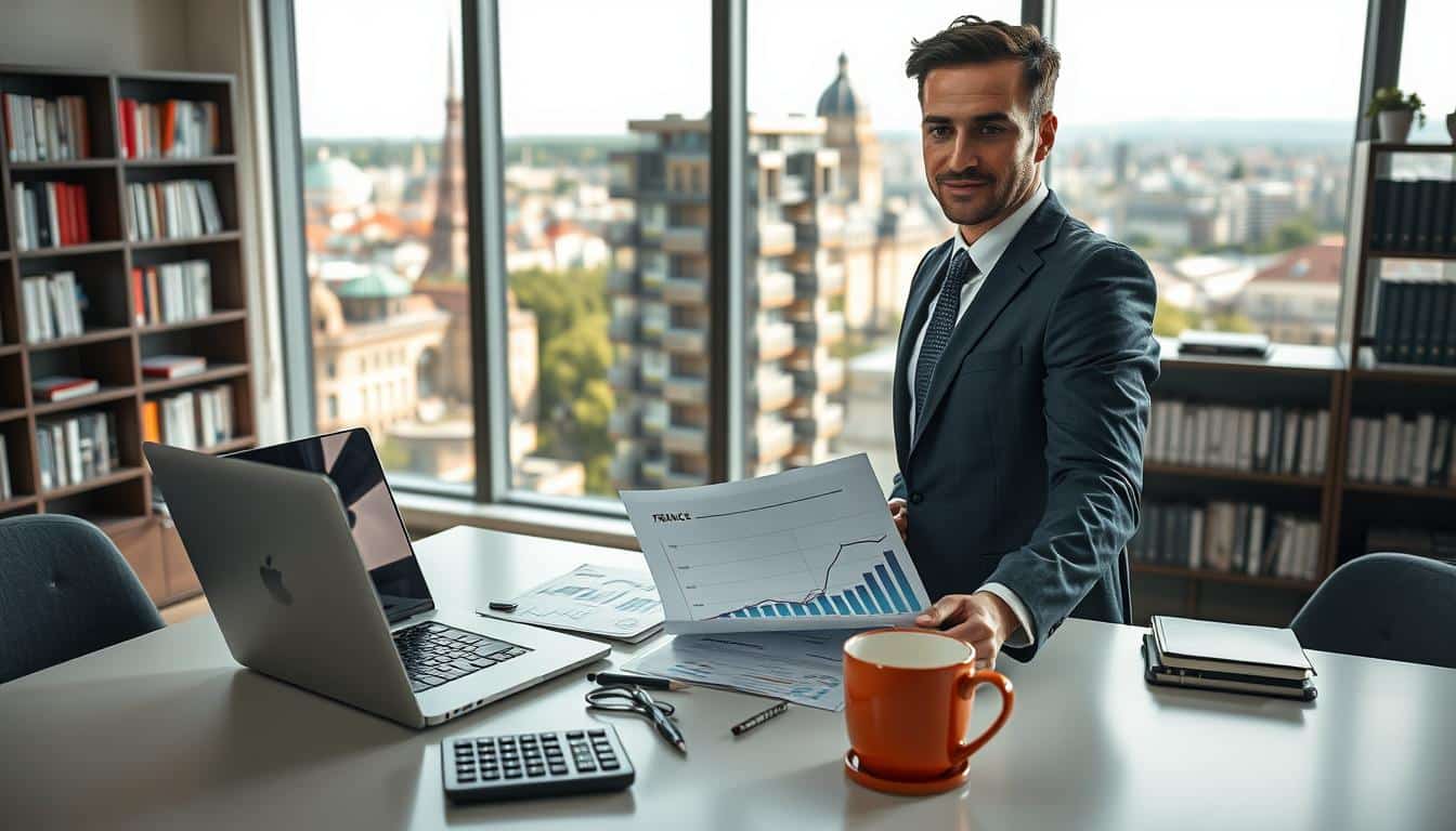 A business professional in a smart suit stands confidently at a modern desk, reviewing financial documents and graphs showing growth trends for small and medium enterprises (PMEs) in France. The foreground features a laptop, a calculator, and a cup of coffee, symbolizing a busy and focused work environment. In the middle ground, a large window displays a view of a bustling French cityscape, with iconic buildings and greenery reflecting a vibrant economy. The background is softly blurred, showcasing more office elements like bookshelves filled with finance-related materials. The lighting is bright and natural, enhancing a productive atmosphere. The overall mood is optimistic and professional, perfectly illustrating the theme of PME financing and business creation in France.