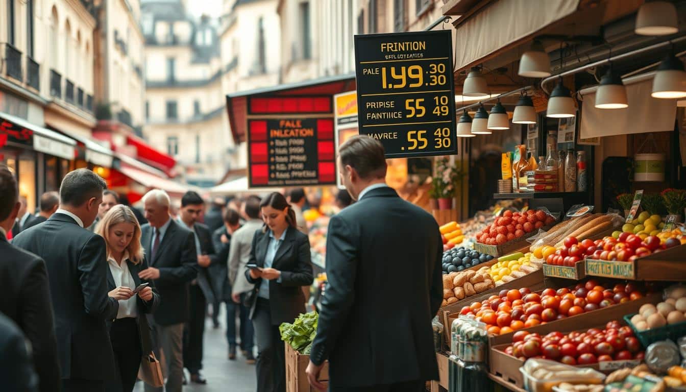 A bustling French market scene depicting the cost of living and inflation in France. In the foreground, a diverse group of people dressed in professional business attire and modest casual clothing, examining price tags of fresh produce and goods. In the middle, colorful stalls filled with various foods, including ripe fruits, vegetables, and bread, convey the vibrancy of local commerce. A detailed price board prominently displays rising prices, hinting at inflation. In the background, charming Parisian architecture and cafés set a distinctive French atmosphere. Soft, warm lighting creates a lively and inviting mood, mimicking the late afternoon sun, while a slight blur on the edges focuses attention on the market activities, emphasizing the daily reality of consumers navigating costs in France.