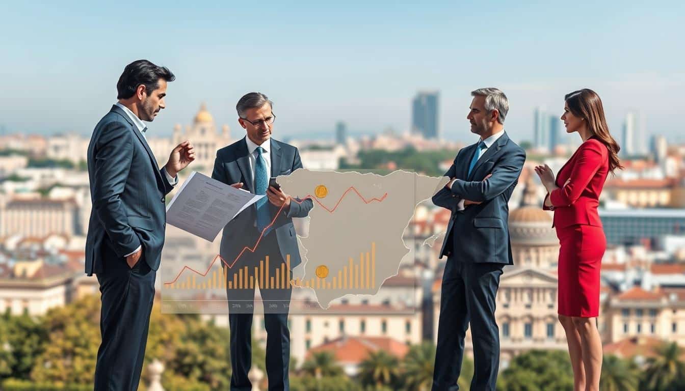 A conceptual illustration depicting the Spanish public debt and economic policy. In the foreground, a diverse group of professionals in business attire—an economist, a government official, and a financial analyst—analyze a large numerical graph and charts displaying Spain’s debt trends. The middle ground features a stylized map of Spain overlaid with financial symbols like coins and increasing arrows, symbolizing economic growth. In the background, a modern cityscape of Madrid, with iconic landmarks like the Royal Palace and skyscrapers, under a clear blue sky, suggesting stability and progress. Soft, natural lighting enhances the professional atmosphere, with a slight lens blur on the background, focusing on the serious discussions of the group. The mood is one of determination and collaboration.