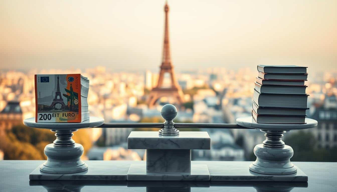 A conceptual image representing French public debt and economic policy. In the foreground, a large, polished marble scale holds stacks of euro bills on one side and a stack of books symbolizing economic policies on the other, balanced precariously. In the middle, a cityscape of Paris with the Eiffel Tower in the background, symbolizing France’s economic power. The scene is bathed in soft, warm afternoon light, creating a calm yet serious atmosphere. The angle is slightly elevated, showcasing both the scale and the city, with a shallow depth of field focusing on the scale while the city blurs gently in the background. The mood conveys a blend of stability and tension, representing the complexities of managing public debt in French economic policy.