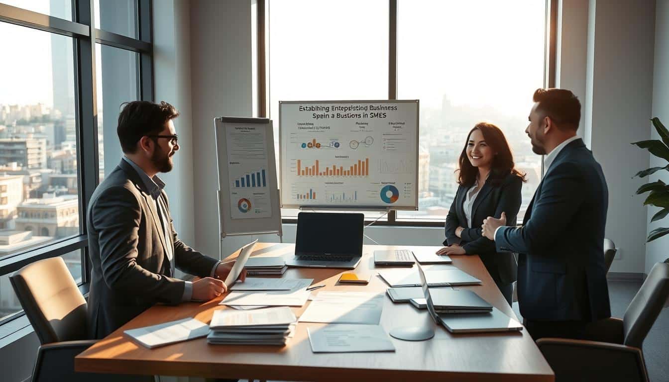 A professional setting illustrating the theme of establishing a business in Spain, featuring a modern office environment. In the foreground, a diverse group of three individuals—two men and one woman, all dressed in professional business attire—are engaged in a discussion around a large table filled with documents, laptops, and a financial plan. In the middle ground, a whiteboard displays market research and financial charts, highlighting funding options for SMEs. The background shows large windows offering a view of a vibrant Spanish city, with light streaming in, creating an energetic and optimistic atmosphere. The overall mood is one of collaboration and ambition, reflecting the journey of entrepreneurship. Soft, warm lighting enhances the inviting scene, capturing the essence of innovation and opportunity.