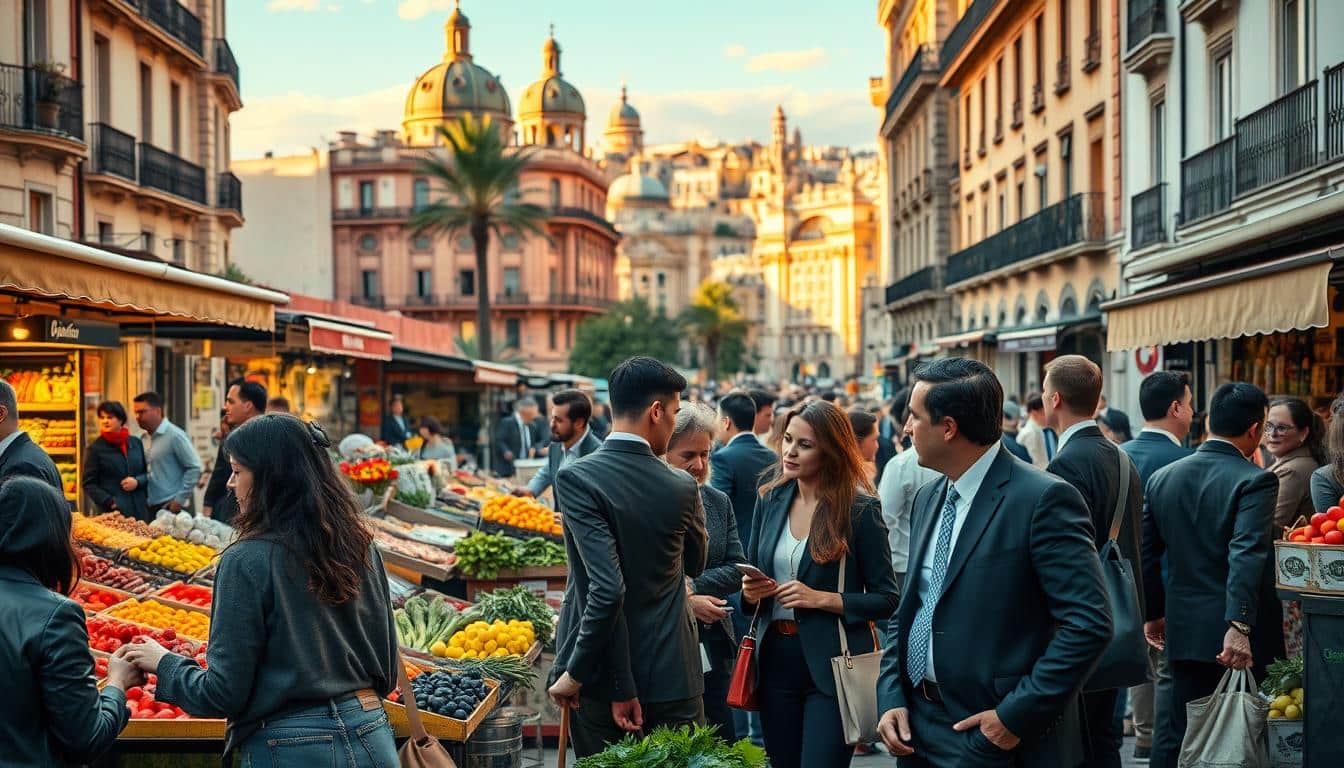 A vibrant cityscape of Spain depicting the cost of living, showcasing a bustling urban market scene. In the foreground, a diverse group of professionals in business attire engage in lively conversations while examining fresh produce and local products. In the middle ground, colorful market stalls feature various goods, highlighting the contrasts in pricing through visible tags. In the background, a picturesque view of iconic Spanish architecture illuminated by warm, golden sunlight suggests a thriving yet challenging economic environment. Use a wide-angle lens to capture the expansiveness of the market, with soft depth-of-field focusing on the engaging interactions in the foreground. The atmosphere conveys a blend of community spirit and economic awareness, encapsulating the theme of inflation and purchasing power in contemporary Spain.