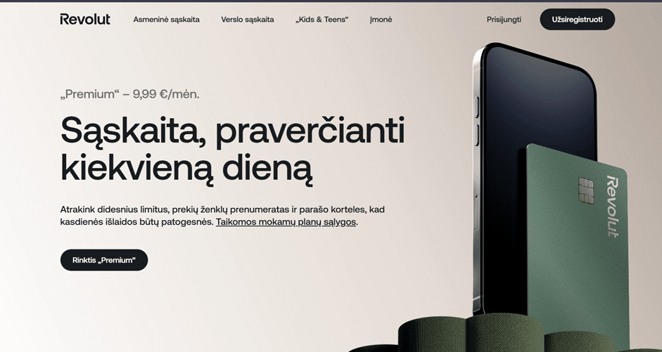„Revolut Premium“ kortelės informacinis puslapis su matomu pasirinkimo mygtuku konkrečiam planui.