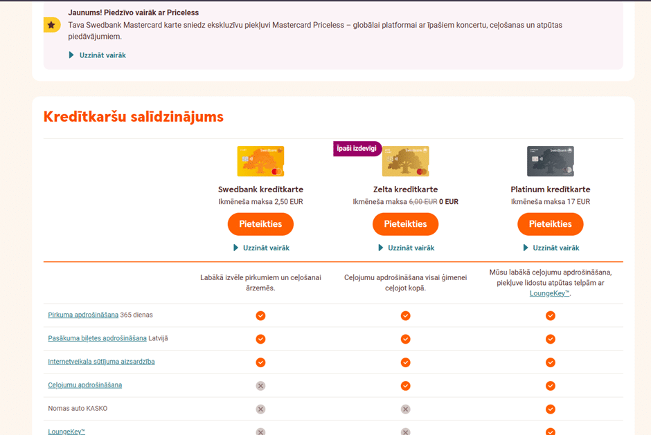 Puslapis su visomis „Swedbank“ debeto ir kredito kortelėmis bei žaliais mygtukais detalesnei informacijai gauti.
